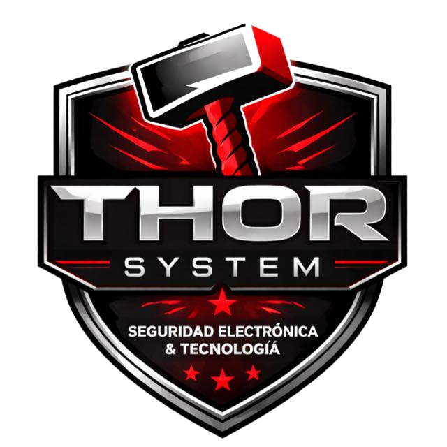 Logo de Thor System: un martillo sobre un escudo, con el lema Seguridad electrónica y tecnología